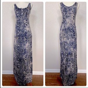 Lilka by Anthropologie blue abstract print maxi dress with Henley front